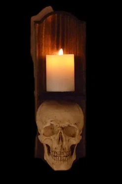Skeletons And More "Classic Skull Wall Sconce Style II W/ Ivory Flameless Candle" Haunted House Lighting Realistic Props