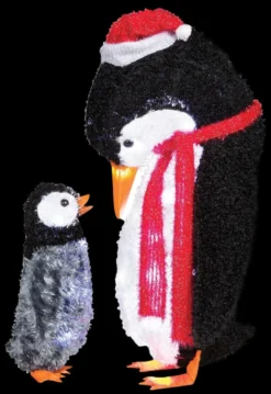 Morris Christmas Decorations "Fuzzy Plush Mommy And Baby Penguin" Light Up Christmas Decoration